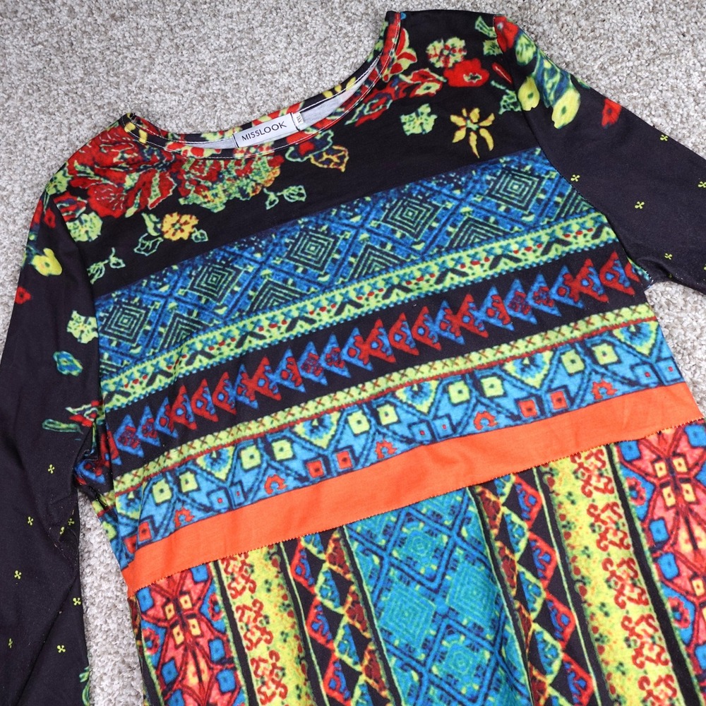 Misslook Womens XXL Long Sleeve Boho Mixed Print Geometric Floral Mini Dress